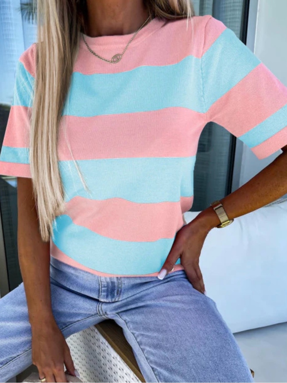 Striped Color-block Short-Sleeve Knit Top in Pink & Light Blue Size XL NWT